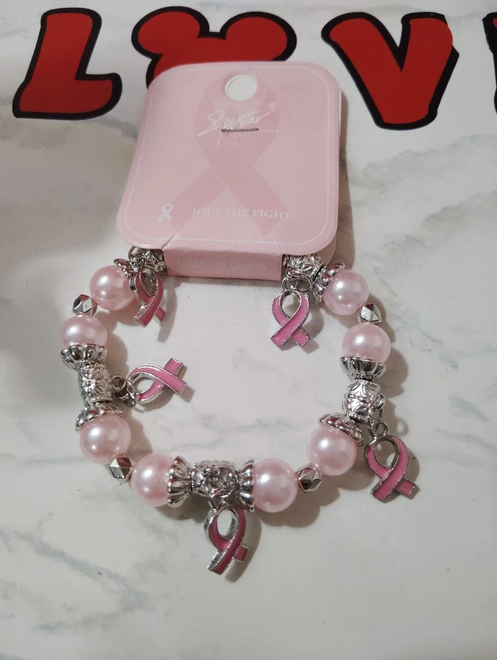 Breast Cancer Awareness Pink Ribbon Charm Bracelet -